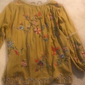 Johnny Was embroidered blouse mustard with multi flowers